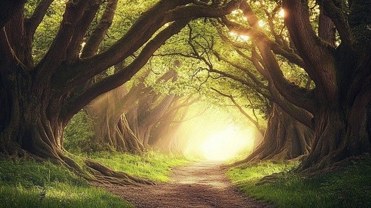Alter Waldweg zwischen mächtigen Bäumen, vom Sonnenlicht erhellt